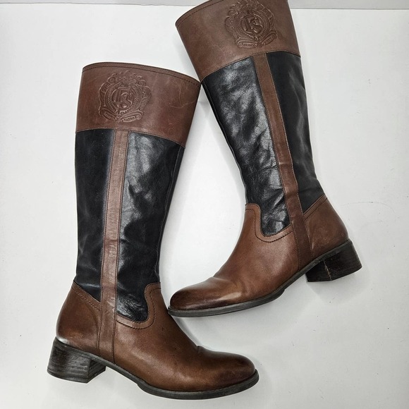 Franco Sarto Leather Riding Boots 9.5 Black Brown Embossed Logo - Picture 6 of 12